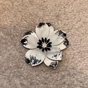 Large mid century enamel white and black flower brooch